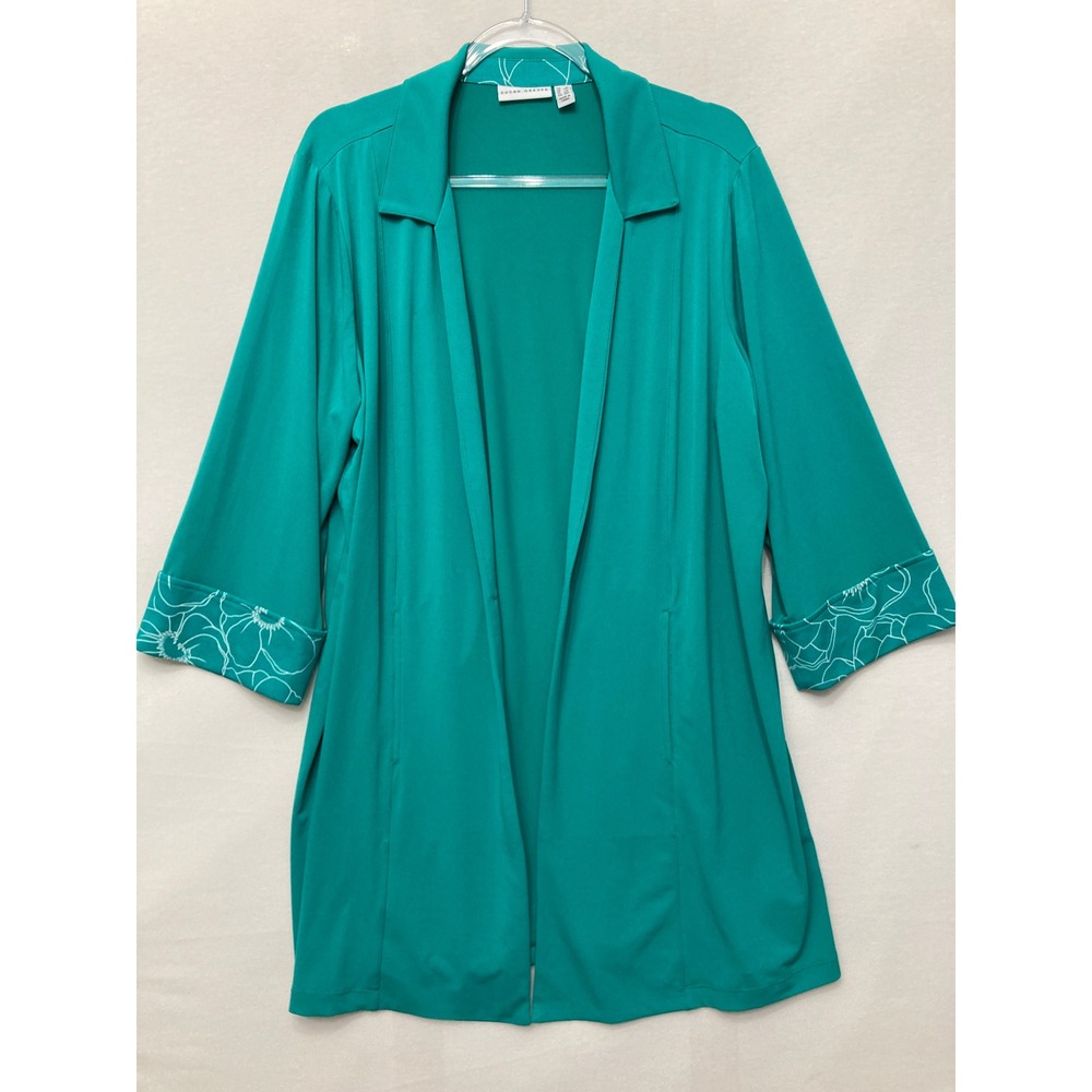 Susan Graver Open Front Cardigan 1X Teal Green Floral Cuff Pockets Liquid Knit